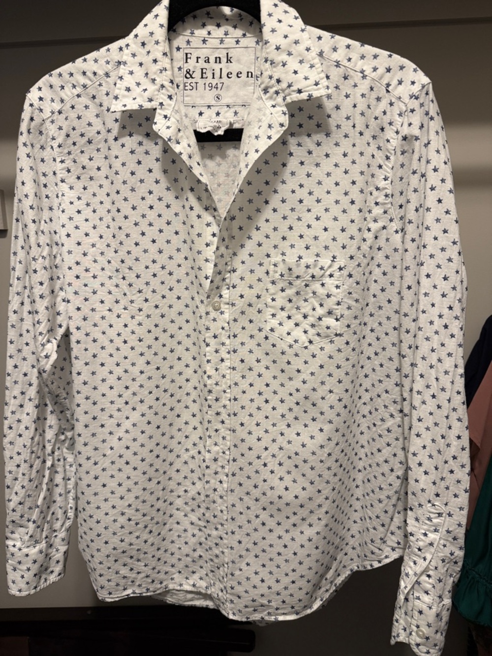 Frank & Eileen White Button-Down Shirt with Navy Star Print. Eileen style.